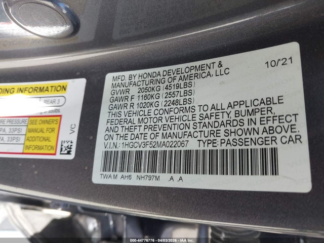 1HGCV3F52MA022067 Honda Accord Hybrid Ex-l