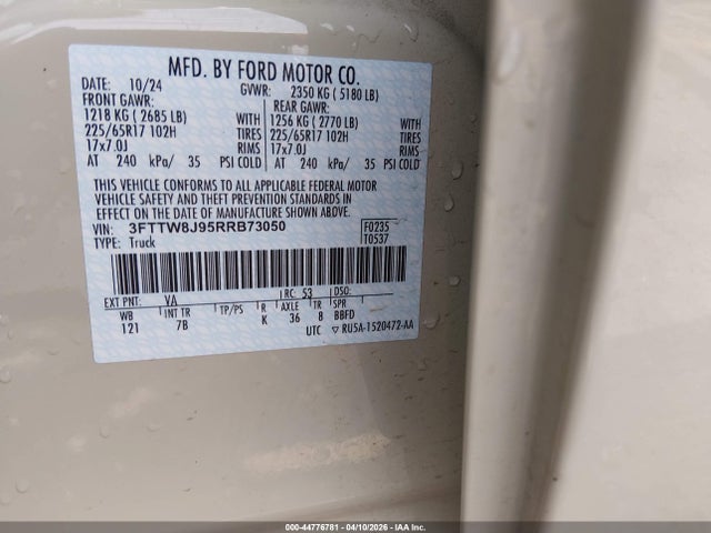 44776781 :رقم المزاد ، 3FTTW8J95RRB73050 vin ، 2024 Ford Maverick Xlt مزاد بيع