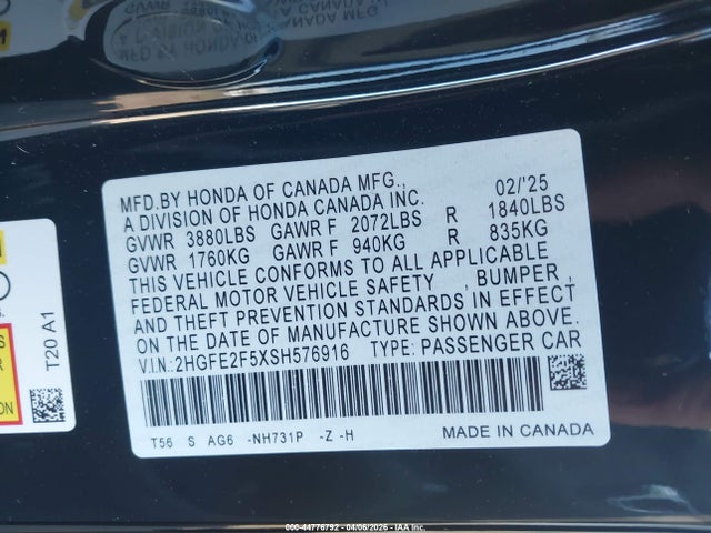 2025 Honda Civic Sport მანქანა იყიდება აუქციონზე, vin: 2HGFE2F5XSH576916, აუქციონის ნომერი: 44776792