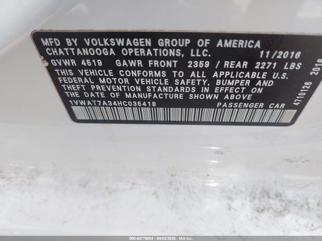 Продаж на аукціоні авто 2017 Volkswagen Passat 1.8t S, vin: 1VWAT7A34HC035418, номер лоту: 44776804
