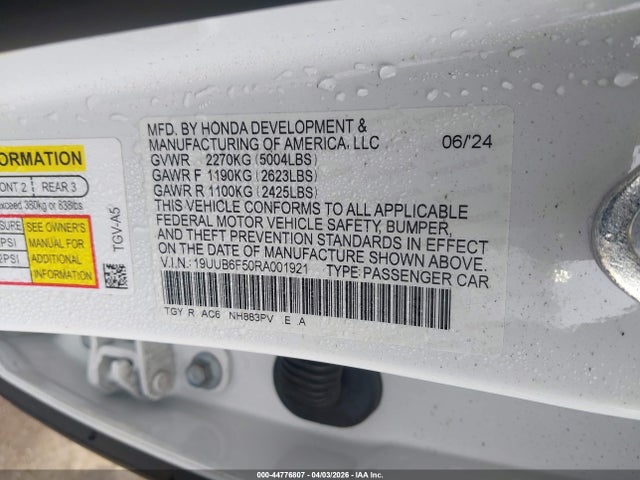 Auction sale of the 2024 Acura Tlx A-spec Package, vin: 19UUB6F50RA001921, lot number: 44776807