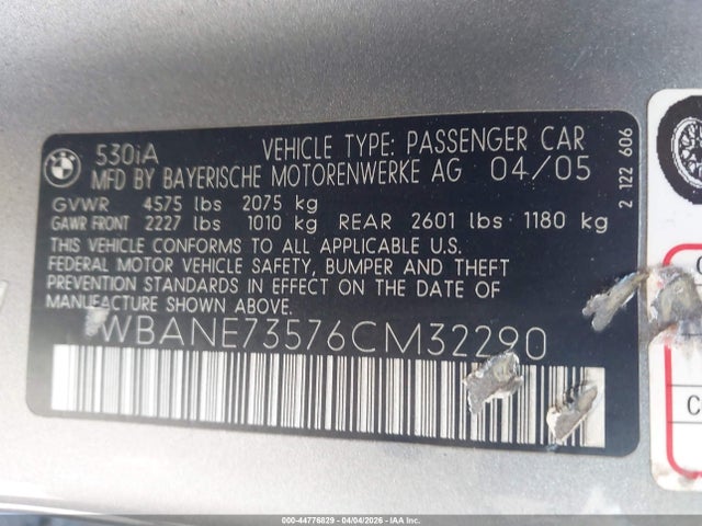 2006 Bmw 530i მანქანა იყიდება აუქციონზე, vin: WBANE73576CM32290, აუქციონის ნომერი: 44776829