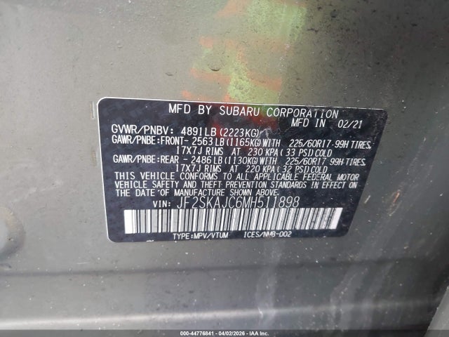 44776841 :رقم المزاد ، JF2SKAJC6MH511898 vin ، 2021 Subaru Forester Premium مزاد بيع