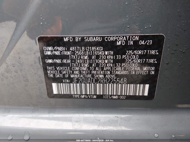 Aukcja sprzedaży 2024 Subaru Crosstrek Premium, vin: JF2GUADC2RH225548, numer aukcji: 44776850