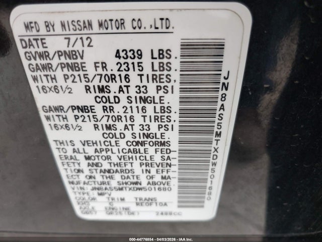 44776854 :رقم المزاد ، JN8AS5MTXDW501680 vin ، 2013 Nissan Rogue S مزاد بيع