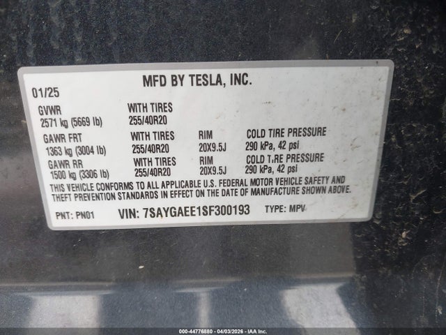 Продажа на аукционе авто 2025 Tesla Model Y Long Range Dual Motor All-wheel Drive, vin: 7SAYGAEE1SF300193, номер лота: 44776880