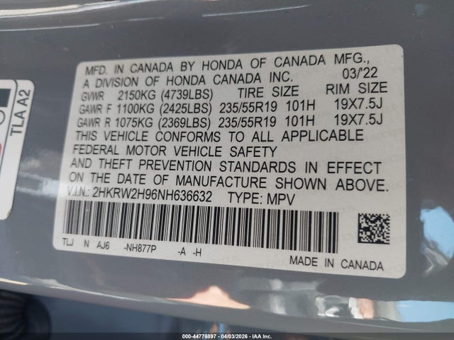 2HKRW2H96NH636632 Honda Cr-v Awd Touring