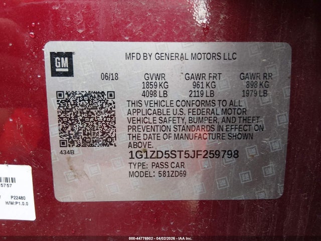 Aukcja sprzedaży 2018 Chevrolet Malibu Lt, vin: 1G1ZD5ST5JF259798, numer aukcji: 44776902