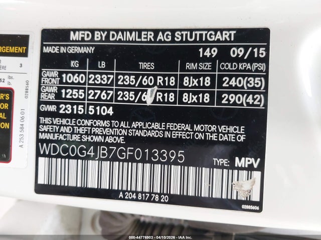 44776903 :رقم المزاد ، WDC0G4JB7GF013395 vin ، 2016 Mercedes-benz Glc 300 مزاد بيع