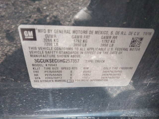 Aukcja sprzedaży 2017 Chevrolet Silverado 1500 2lz, vin: 3GCUKSEC6HG257357, numer aukcji: 44776905