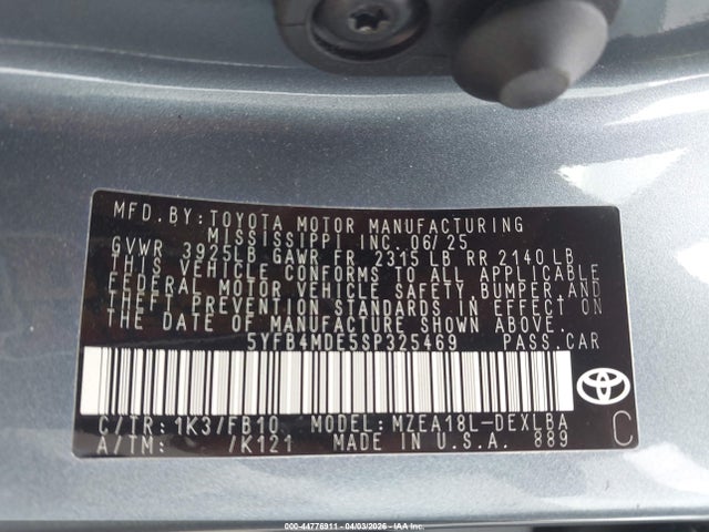 Продажа на аукционе авто 2025 Toyota Corolla Le, vin: 5YFB4MDE5SP325469, номер лота: 44776911