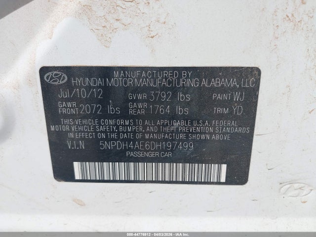2013 Hyundai Elantra Gls/limited მანქანა იყიდება აუქციონზე, vin: 5NPDH4AE6DH197499, აუქციონის ნომერი: 44776912