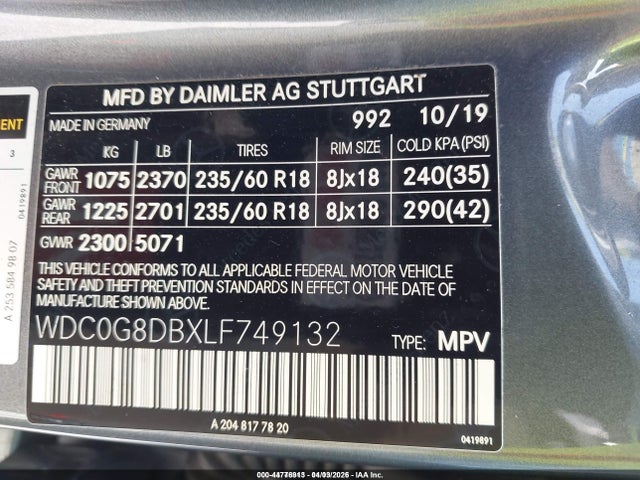 44776913 :رقم المزاد ، WDC0G8DBXLF749132 vin ، 2020 Mercedes-benz Glc 300 مزاد بيع