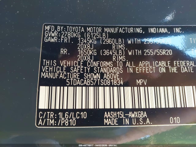 Aukcja sprzedaży 2026 Toyota Grand Highlander Hybrid Limited, vin: 5TDACAB57TS081834, numer aukcji: 44776917