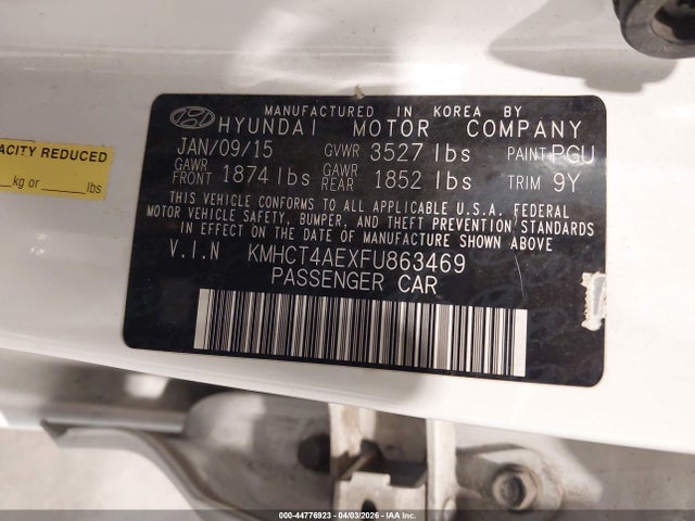 44776923 :رقم المزاد ، KMHCT4AEXFU863469 vin ، 2015 Hyundai Accent Gls مزاد بيع