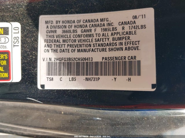 Продажа на аукционе авто 2012 Honda Civic Lx, vin: 2HGFG3B52CH509413, номер лота: 44776926