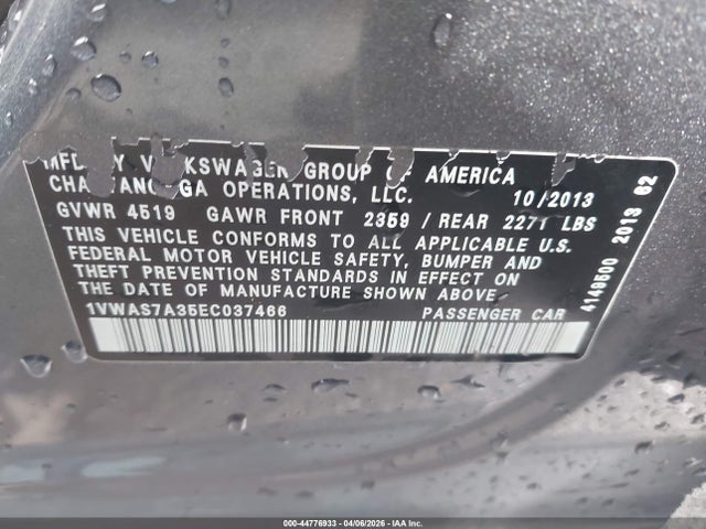 44776933 :رقم المزاد ، 1VWAS7A35EC037466 vin ، 2014 Volkswagen Passat 1.8t S مزاد بيع
