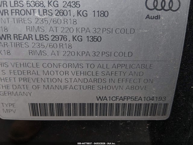 Продажа на аукционе авто 2014 Audi Q5 2.0t Premium, vin: WA1CFAFP5EA104193, номер лота: 44776937