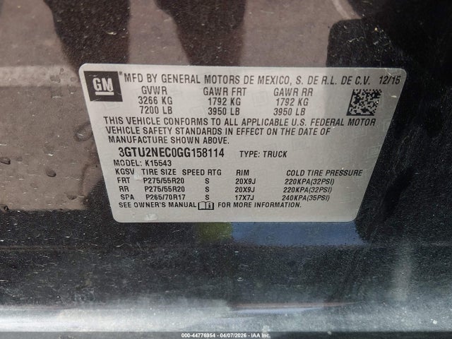 Продажа на аукционе авто 2016 Gmc Sierra 1500 Slt, vin: 3GTU2NEC0GG158114, номер лота: 44776954