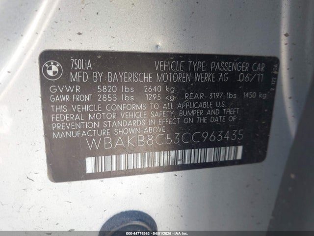 44776963 :رقم المزاد ، WBAKB8C53CC963435 vin ، 2012 Bmw 750li مزاد بيع