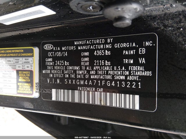 2015 Kia Optima Lx მანქანა იყიდება აუქციონზე, vin: 5XXGM4A71FG413221, აუქციონის ნომერი: 44776967