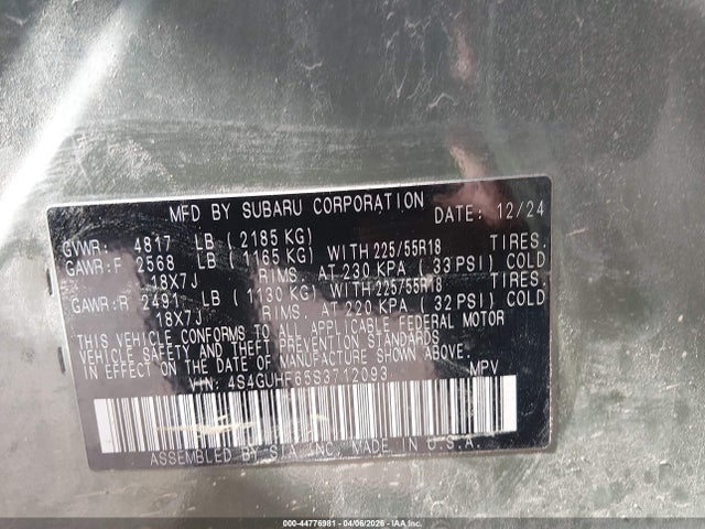 2025 Subaru Crosstrek Sport მანქანა იყიდება აუქციონზე, vin: 4S4GUHF65S3712093, აუქციონის ნომერი: 44776981