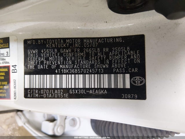 44777002 :رقم المزاد ، 4T1BK36B57U245713 vin ، 2007 Toyota Avalon Xls مزاد بيع