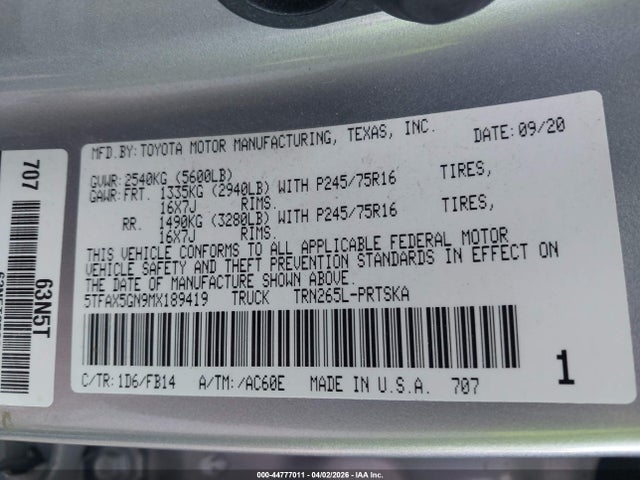 44777011 :رقم المزاد ، 5TFAX5GN9MX189419 vin ، 2021 Toyota Tacoma Sr مزاد بيع