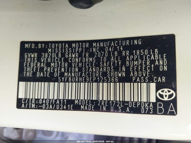 44777013 :رقم المزاد ، 5YFBURHE9EP125366 vin ، 2014 Toyota Corolla L مزاد بيع