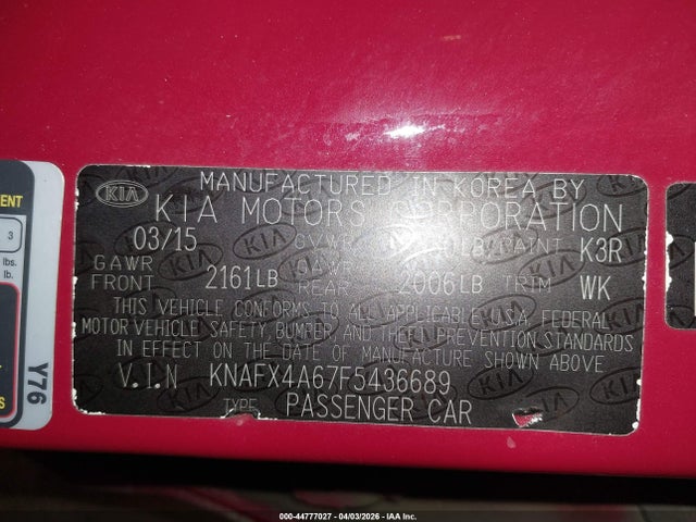 Продажа на аукционе авто 2015 Kia Forte Lx, vin: KNAFX4A67F5436689, номер лота: 44777027