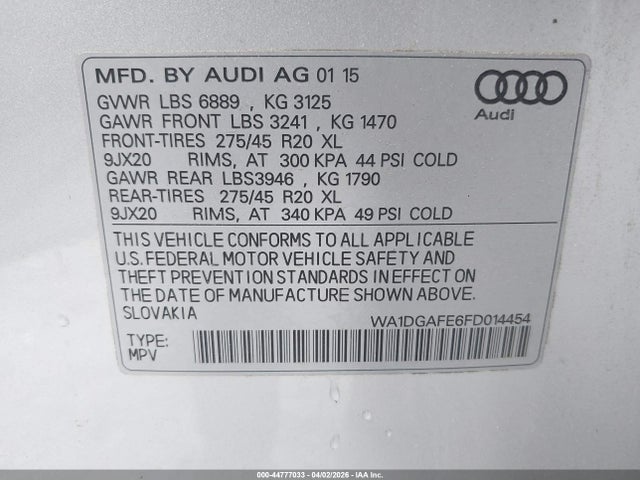 44777033 :رقم المزاد ، WA1DGAFE6FD014454 vin ، 2015 Audi Q7 3.0t S Line Prestige مزاد بيع