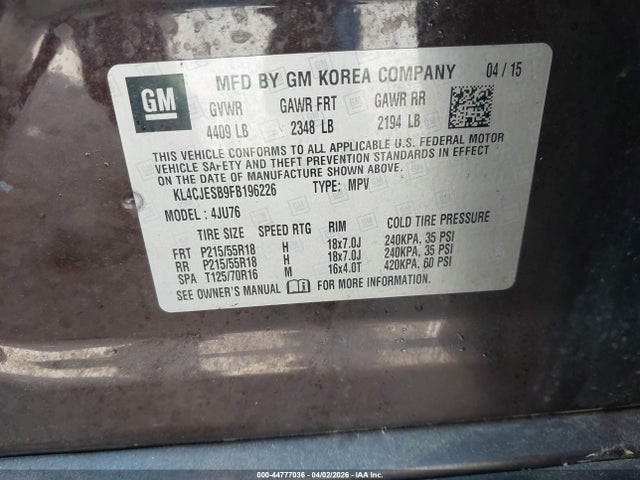 44777036 :رقم المزاد ، KL4CJESB9FB196226 vin ، 2015 Buick Encore مزاد بيع