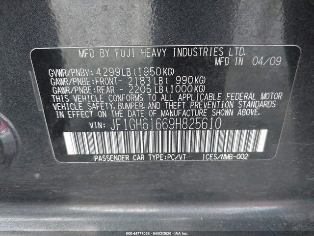 Продаж на аукціоні авто 2009 Subaru Impreza 2.5i, vin: JF1GH61669H825610, номер лоту: 44777038