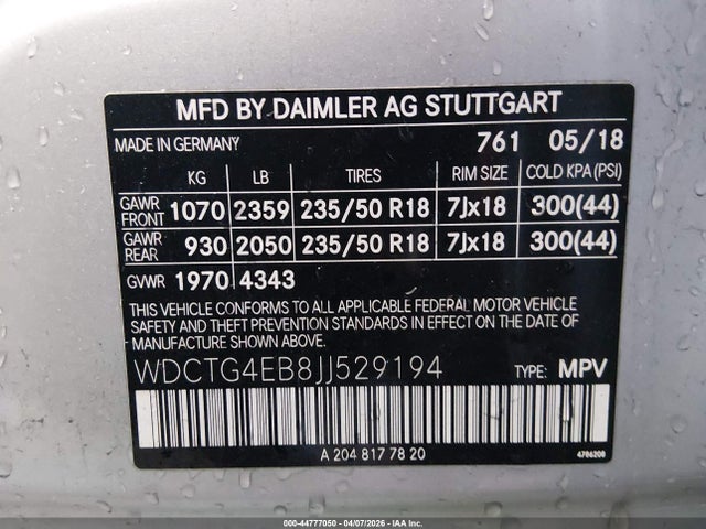 WDCTG4EB8JJ529194 Mercedes-Benz GLA 250