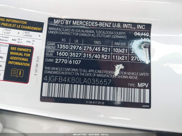 Продажа на аукционе авто 2020 Mercedes-benz Gle 350 4matic, vin: 4JGFB4KB0LA035657, номер лота: 44777057