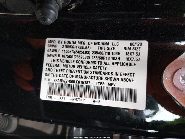 Продажа на аукционе авто 2020 Honda Cr-v Awd Ex, vin: 7FARW2H55LE016187, номер лота: 44777069