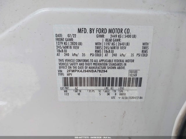 44777070 :رقم المزاد ، 2FMPK4J94NBA78294 vin ، 2022 Ford Edge Sel مزاد بيع