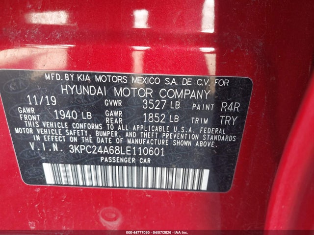 Aukcja sprzedaży 2020 Hyundai Accent Se, vin: 3KPC24A68LE110601, numer aukcji: 44777090