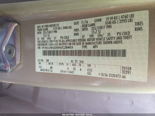Продажа на аукционе авто 2017 Ford Escape Se, vin: 1FMCU9GD0HUC28403, номер лота: 44777094