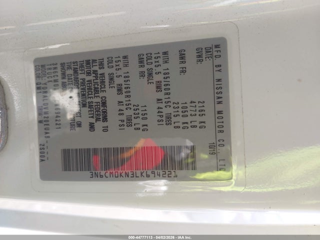 44777113 :رقم المزاد ، 3N6CM0KN3LK694221 vin ، 2020 Nissan Nv200  Cargo S Xtronic Cvt مزاد بيع