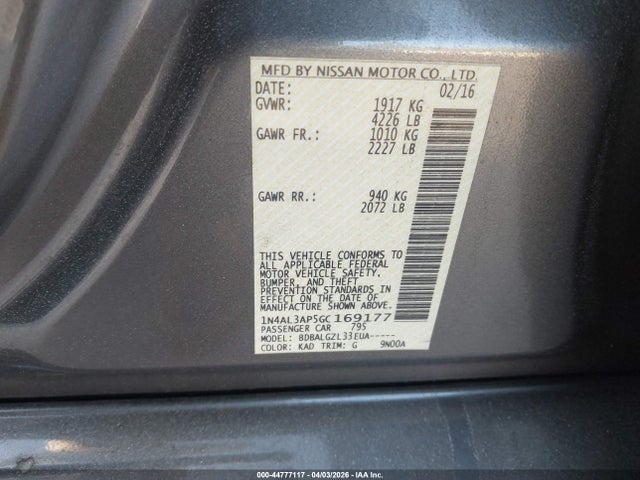 Aukcja sprzedaży 2016 Nissan Altima 2.5/2.5 S/2.5 Sl/2.5 Sr/2.5 Sv, vin: 1N4AL3AP5GC169177, numer aukcji: 44777117