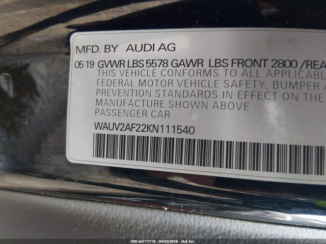 2019 Audi A7 55 Premium მანქანა იყიდება აუქციონზე, vin: WAUV2AF22KN111540, აუქციონის ნომერი: 44777119