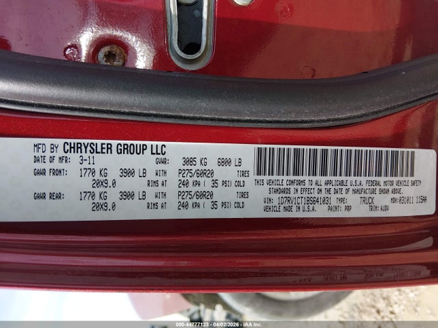 Продаж на аукціоні авто 2011 Ram Ram 1500 Sport, vin: 1D7RV1CT1BS641031, номер лоту: 44777123