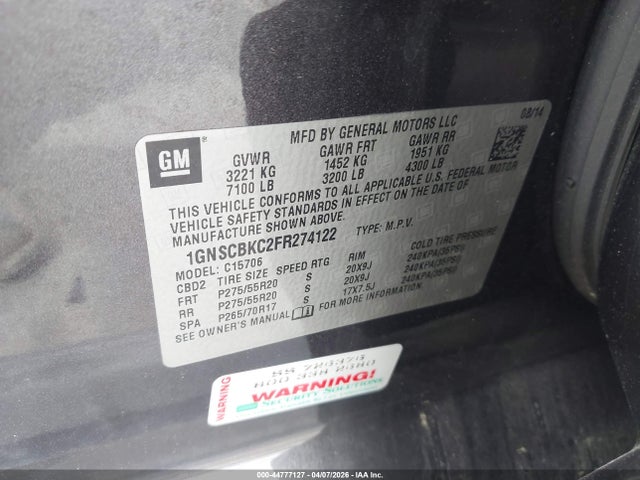 2015 Chevrolet Tahoe Lt მანქანა იყიდება აუქციონზე, vin: 1GNSCBKC2FR274122, აუქციონის ნომერი: 44777127