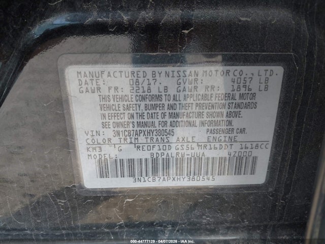 3N1CB7APXHY380545 Nissan Sentra Sr Turbo