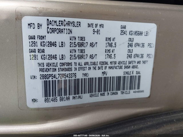 2002 Dodge Grand Caravan Es მანქანა იყიდება აუქციონზე, vin: 2B8GP54L72R543376, აუქციონის ნომერი: 44777140
