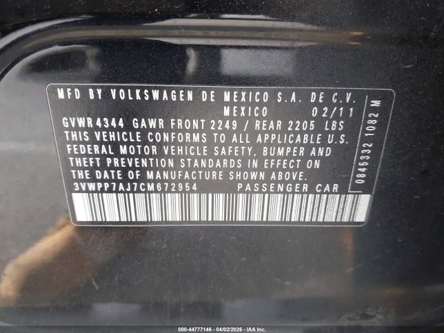 2012 Volkswagen Jetta Sportwagen 2.5l Se მანქანა იყიდება აუქციონზე, vin: 3VWPP7AJ7CM672954, აუქციონის ნომერი: 44777146