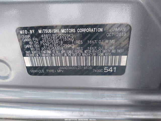 44777175 :رقم المزاد ، JA4AD3A30LZ016535 vin ، 2020 Mitsubishi Outlander Se 2.4 مزاد بيع