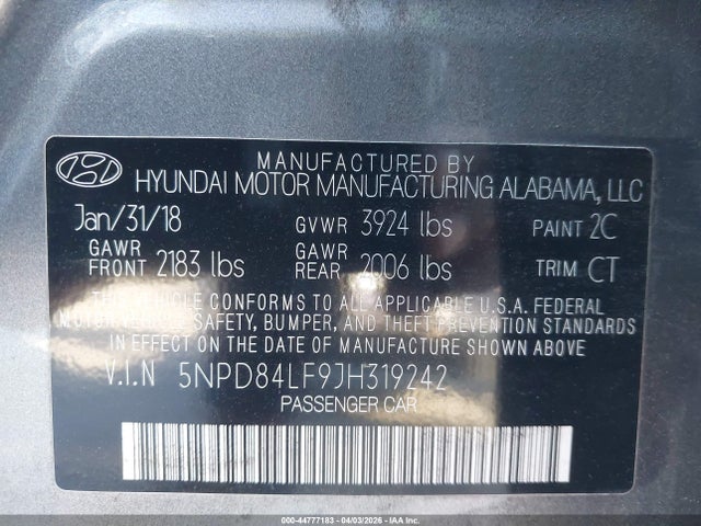 5NPD84LF9JH319242 Hyundai Elantra Value Edition