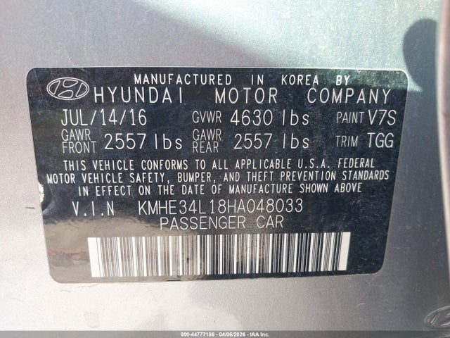 Aukcja sprzedaży 2017 Hyundai Sonata Hybrid Limited, vin: KMHE34L18HA048033, numer aukcji: 44777186